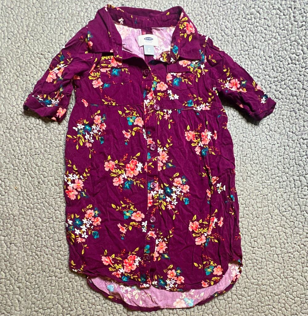 Old Navy Girls Shirt Dress Button Front Collared Floral 5T Purple Roll Tab